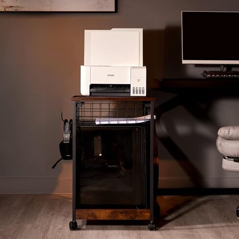 HOYRR Computer Tower Stand,pc Stand,Tower Stand,PC Stand for Under Desk,Black Metal PC Tower Stand,Vintage Wood PC Floor Stand,2 Layers with Storage Basket Computer Tower Stand Under Desk(Black) in Kuwait