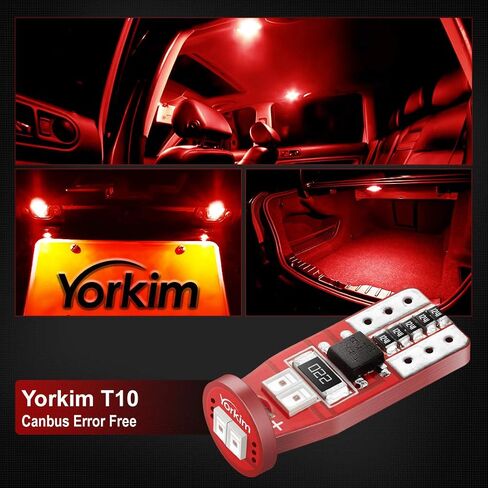 Yorkim Newest T10 LED Bulb Canbus Error Free 6-SMD Super Bright EMC Chips, 194 Interior LED For Dome Map Door Marker License Plate Trunk lights 168 W5W 2825 Sockets Pack of 10, red in Saudi Arabia