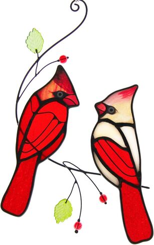 Poranlem Bird Stained Glass Suncatcher Cardinals on Branch Window Hanging Ornament Panel Wall Decor Colorful Glass Leaves Plant Christmas Thanksgiving Gift for Women 9" * 5.5" in Saudi Arabia