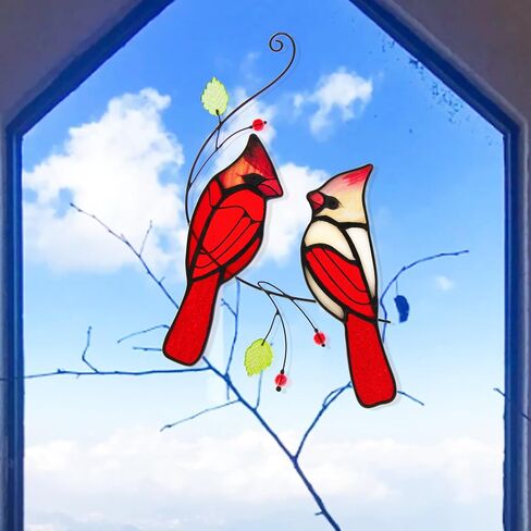Poranlem Bird Stained Glass Suncatcher Cardinals on Branch Window Hanging Ornament Panel Wall Decor Colorful Glass Leaves Plant Christmas Thanksgiving Gift for Women 9" * 5.5" in Saudi Arabia
