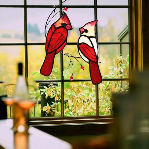 Poranlem Bird Stained Glass Suncatcher Cardinals on Branch Window Hanging Ornament Panel Wall Decor Colorful Glass Leaves Plant Christmas Thanksgiving Gift for Women 9" * 5.5" in Saudi Arabia