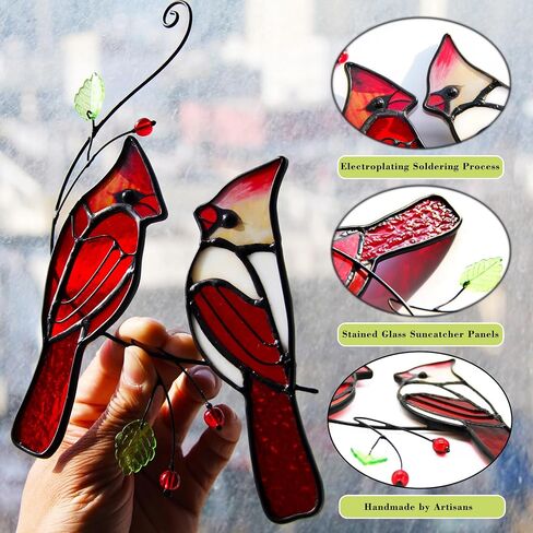 Poranlem Bird Stained Glass Suncatcher Cardinals on Branch Window Hanging Ornament Panel Wall Decor Colorful Glass Leaves Plant Christmas Thanksgiving Gift for Women 9" * 5.5" in Saudi Arabia
