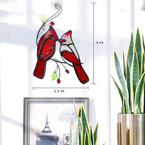 Poranlem Bird Stained Glass Suncatcher Cardinals on Branch Window Hanging Ornament Panel Wall Decor Colorful Glass Leaves Plant Christmas Thanksgiving Gift for Women 9" * 5.5" in Saudi Arabia