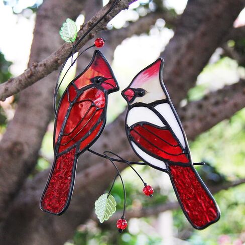Poranlem Bird Stained Glass Suncatcher Cardinals on Branch Window Hanging Ornament Panel Wall Decor Colorful Glass Leaves Plant Christmas Thanksgiving Gift for Women 9" * 5.5" in Saudi Arabia