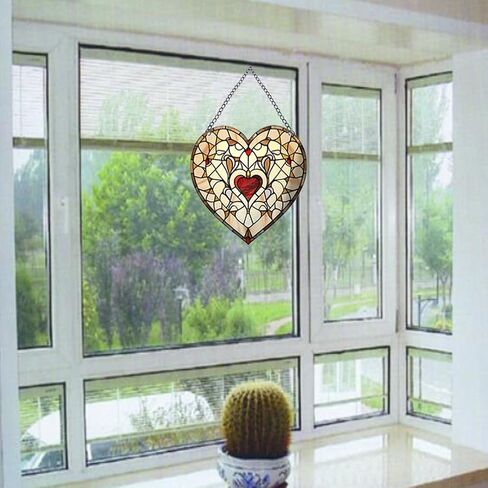 Heart-Shaped Stained Acrylic Window Hanging,Red Heart Acrylic Window Decor Stained Panel Hangings Wall Art Decor for Valentine's Day Birthday Home Party Decorations,Yellow in Saudi Arabia