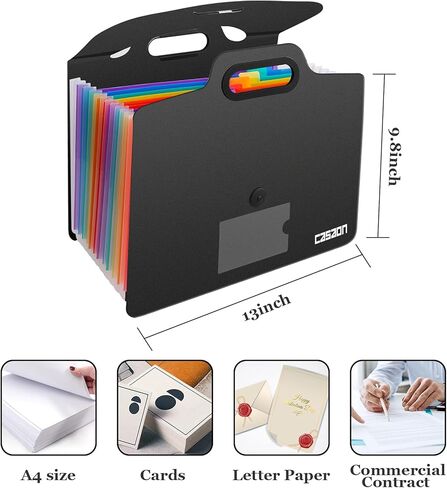 2 حزمة من 13 جيبًا لمجلد ملفات قابل للتوسيع مع مقبض، منظم ملفات أكورديان محمول بحجم حرف A4، مجلد مستندات بمقبض للمدرسة والمكتب والمنزل - أسود in Kuwait