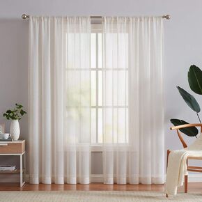 FMFUNCTEX Linen Sheer Curtains for Bedroom, Beige Curtains 84 inches Long for Living Room, Natural Flax Blend Window Draperies for Farmhouse Curtains, Rod Pocket 2 Panels