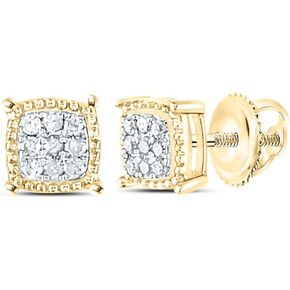 Solid 10K Yellow Gold Real Natural Diamond Square Milgrain Cluster Stud Earrings 1/10 Carat (.10 Cttw)