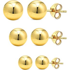 14K Solid Gold Sphere Stud Earrings (3 Pairs) 3MM, 4MM, and 5MM - Multiple Color Options (Yellow)