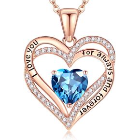 Vakki Heart Birthstone Necklace Women's Rose Gold Sterling Silver Heart Gemstone Pendant Necklace