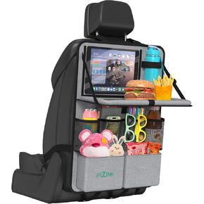Car Backseat Organizer with Tablet Holder,11 Storage Pockets with Foldable Food Tray, Protector Kick Mats for Kids, Travel Accessories Organizer-Gray 1 Pack