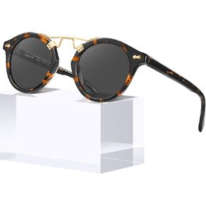 CARFIA Small Face Acetate Polarized Sunglasses for Women UV Protection, Retro Double Bridge Eyewears Metal Brow Round Sunnies