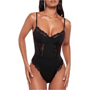 Floerns Women's Sheer Lace Leotard Jumpsuit Sleeveless Bustier Cami Bodysuit Top