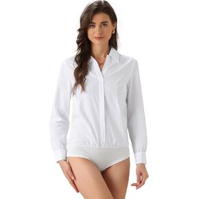 Allegra K Work Bodysuit for Women's Collared V Neck Polo Long Sleeves Button Casual Bodysuit Shirt