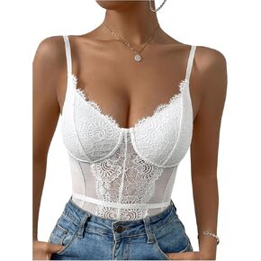 SOLY HUX Women's Sexy Lace Mesh Sleeveless Bustier Cami Bodysuits Corset Coquette Tops