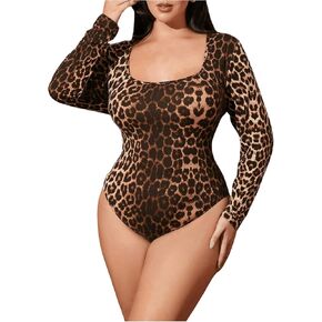 Floerns Women's Plus Size Cheetah Print Thong Body Suit Going Out Tops Leotard