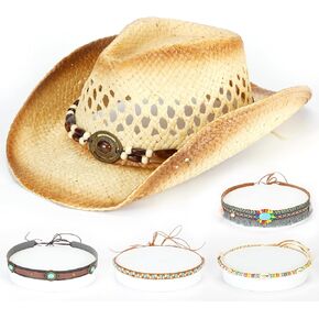 Urradia Straw Cowboy Hat Womens Cowboy Hats Western Cowgirl Hats for Women with 5 Decorative Hat Bands & Plastic Hat Shaper Insert Wide Brim Vintage Men Woven Sun Hat for Travel Beach Festival Party