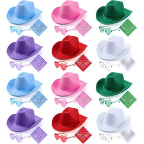 36 Pieces Adult Cowboy Hat with Bandanna Heart Sunglasses Unisex Felt Cowboy Hat Men Women Western Party Hat Cowboy Costume