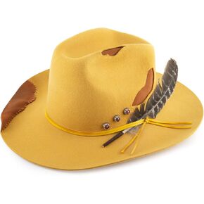 Vintage Cowboy Hat for Women 100% Australian Wool Cowgirl Hat Wide Brim Cattleman Western Hats with Big Feather Panama