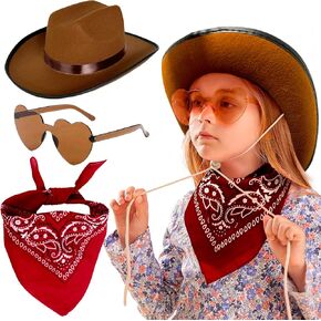 JeVenis Brown Cowgirl Hat Girls Cowboy Hat Kids Western Cowgirl Hat Bandana heart shape Sunglasses for Birthday Party