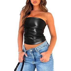 Women Faux Leather Top Sexy Ruched Strapless Tube Tops Club Party Rave Top Going Out Tops