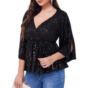 قمصان WULFUL النسائية الترتر براقة على شكل حرف v سبليت 3/4 كم ملفوفة بيبلوم علوية للحفلات والنوادي الليلية وقمصان كوكتيل ديسكو in Kuwait