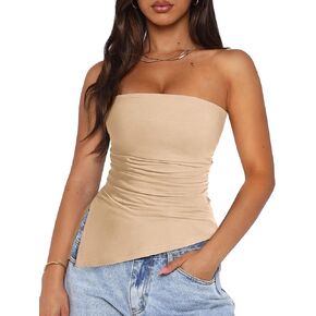 PRETTYGARDEN Womens Tube Top 2025 Summer Trendy Strapless Tops Going Out Outfits Ruched Asymmetrical Bandeau Shirts