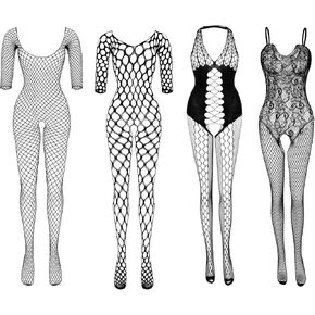 YumSur 4Pack Women Fishnet Bodysuits Stockings Sleepwear Lingerie Mesh BodyStocking Fishnet Lingerie Long Sleeve Bodysuits