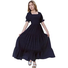 Mebius Girls Maxi Dress Long Smocked Dresses Swiss Dots Square Neck Short Sleeve Casual A-line Flowy Dress for 6-12 Years