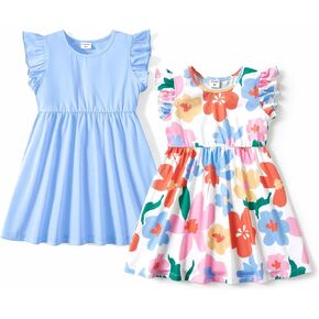 PATPAT Toddler Girl's Floral Dress Ruffle Sleeve Dress for Girl Sets Pack of 2/3 Casual Dresses Set 2-10 Years