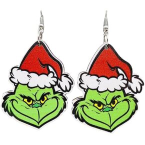 Christmas Earring Handmade Wooden Grinchmas Drop Earring Christmas Teardrop Dangle Earrings New Year Jewelry Xmas Gift for Women