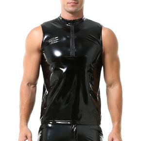 QiaTi Men's Faux Leather Vest Undershirt Mens Sleeveless Tank Top Zipper Stand Collar Shirt Muscle Waistcoats Fit Athletic