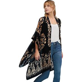 WeHello Women's Burnout Velvet Kimono Long Cardigan Cover Up with Tassel (Black/Classic)