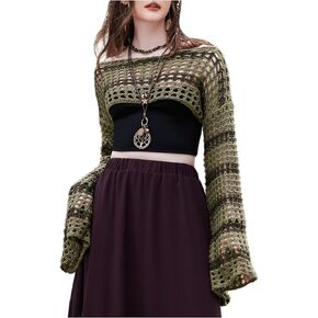 SHENHE Women's Hollow Out Knitted Pullover Sweater Crochet Cropped Sweater Top Long Sleeve Casual Cover Up Top