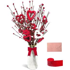 LUGUNU Valentine’s Day Gifts 5 Pcs Artificial Red Berry Flower Stems Heart Shaped Berry Picks with Pink Envelope for Valentine’s Day Mother’s Day Chrismas Wedding Home Vase Decor