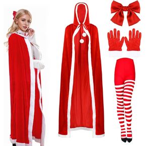 مجموعة زي كافوك كريسماس سانتا عباءة، قفازات حمراء مخملية بغطاء للرأس، جوارب، عصابة رأس، مشبك شعر للنساء، إكسسوارات ملابس عيد الميلاد (للبالغين) in Kuwait