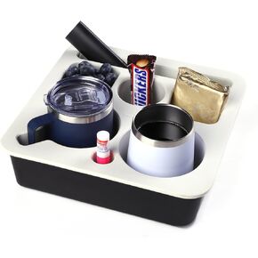 Car Cup Holder Tray, Bonfixe Upgraded Capacity Stable Back Seat Cup Holder for Cars, Health-Friendly Platinum Silicone Couch Caddy Organizer for Bed, Couch, Boat, Office (White-Gray)