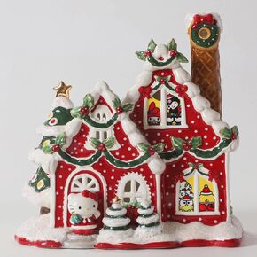Blue Sky Clayworks Hello Kitty and Friends Snowy Jolly Christmas Candle House with Gold Accents, Red, Home Holiday Decorations, Ceramic, 23729