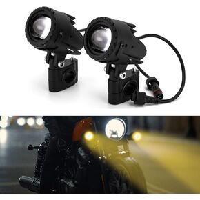 Mofun 60W Motorcycle LED Fog Lights White/Amber Auxiliary Driving Light with Mount Brackets Wire Harness Compatible with Harley Touring Road King Street Glide Sportster 883 1000, Fit Dyna Softail
