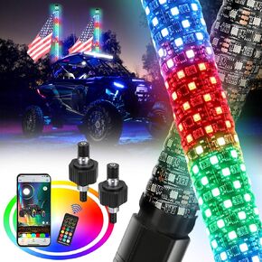 BraveWAY 3FT Fat Whip Lights Thick Antenna with Bluetooth&Remote Control, 2pcs High Brighter Led Fat Whip Light with 360°Spiraling Rising Chasing/Dancing, Fat Whips Lights for UTV ATV, Pairs