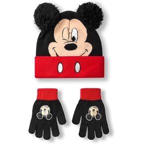 Disney Mickey Mouse Boys Beanie Hat & Gloves Set | Black & Red Knitted Winter Hat with Pom Poms | Kids One Size Hat & Gloves with Mickey Mouse Character Face | Classic Cartoon Merchandise Gift