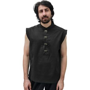 KUOIN Medieval Shirt for Men Linen Pirate Sleeveless Tunic with Retro Button