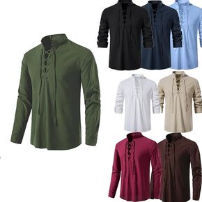 Men Renaissance Hippie Cotton Breathable Shirts Beach Long Sleeve Costume Viking Pirate Cosplay(Black, L)