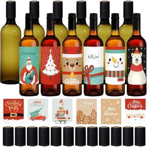 Maxcheck 12 Pcs 25 oz Christmas Plastic Wine Bottles Set with Shrink Capsules and Label Stickers Airtight 750ml Empty Clear Liquor Bottles with Lid Brewing for Wine Making Homemade Xmas Gift(Elegant)