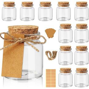 OurWarm 3.4oz Small Glass Jars with Lids, 12PCS Mini Glass Jars with Cork Twine Labels and Stickers, Versatile Potion Bottles Pudding Spice Vials Candy Jars for DIY Crafts Wedding Gifts Party Favors