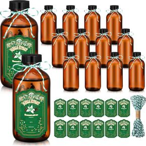 Uiifan 12 Pack Amber Glass Bottles Boston Round Sample Bottles Glass Bottles with Lids Dark Glass Bottles Vanilla Extract Bottles and 12 Pcs Christmas Green Snowflakes Stickers for Gift Beans(8 oz)