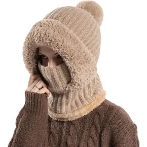 Womens Knit Beanie Hat Fleece Lined Winter Scarf Mask Set Snow Caps Plush Earmuff Skull Hats with Pompom