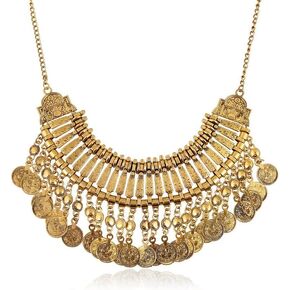 Vintage Engraved Coin Tassel Collar Statement Necklace for Women Men Ancient Gold Silver Bohemian Exaggerated Short Chunky Boho Choker Ethnic Gypsy Tribal Bib Clavicle Necklaces Halloween Costume Party Jewelry Gifts
