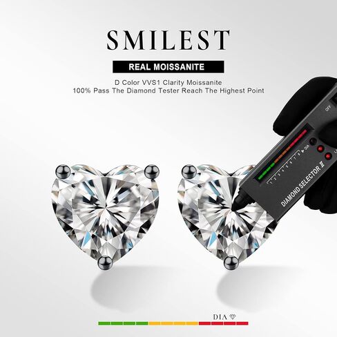 SMILEST 1-3ct Heart Moissanite Stud Earrings for Women Men, Brilliant Heart D Color VVS1 Clarity Lab Created Moissanite Earrings Black Ruthenium Vermeil 925 Sterling Silver Moissanite Earrings in Kuwait