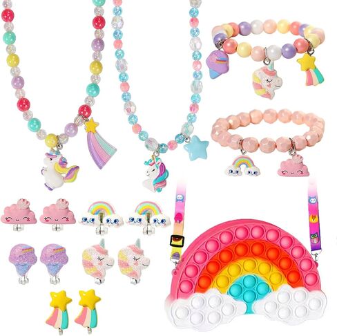 PinkSheep يونيكورنز هدايا للفتيات 10 قطع قوس قزح هدايا يونيكورن محفظة مجموعة مجوهرات للأطفال فتاة 9PC يونيكورن كليب على القرط يونيكورن قلادة سوار حقيبة الظهر فتاة صغيرة مجوهرات الملحقات in Kuwait